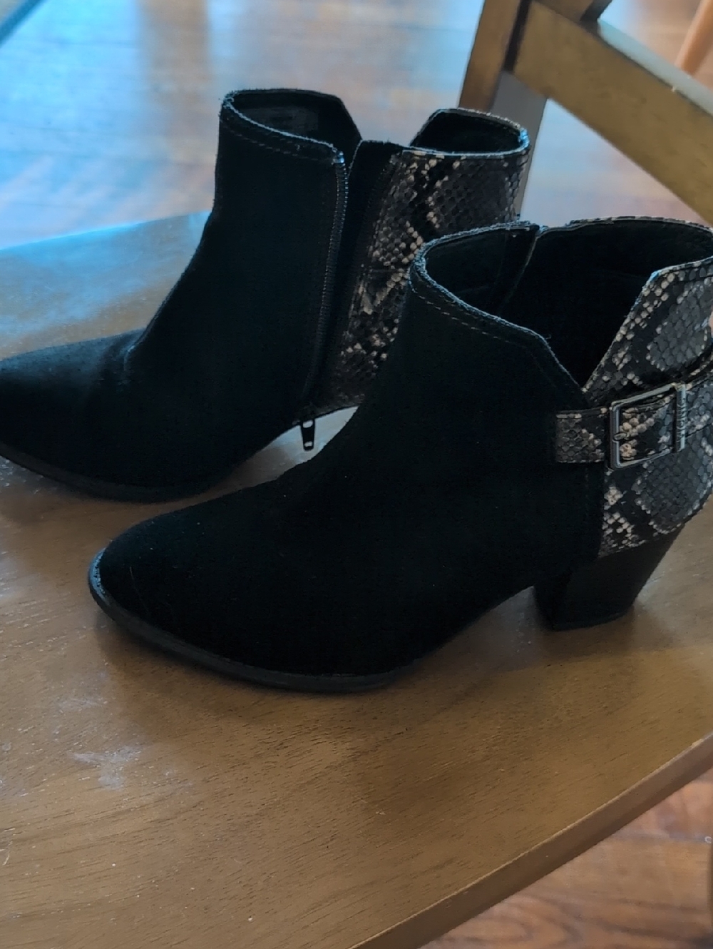 Vionic Black Suede Ankle Boots with Snake-Print Heel Accent